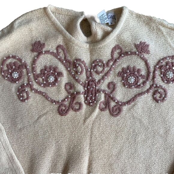Andrea Gayle Embroidery Silk Pullover Sweater S Angora Lambwool Blush Cream VTG - Picture 2 of 7